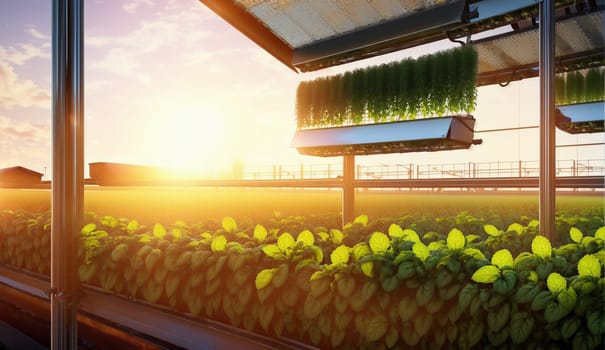 A building housing a variety of plants and flowers under a sunset sky, casting shadows on the grass and filtering through the windows