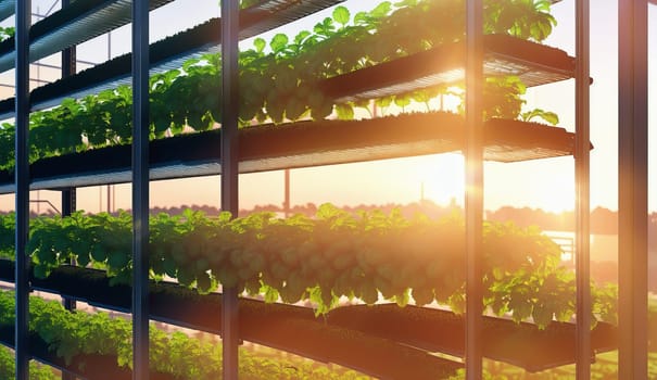 The suns rays filter through the shelves of a plantfilled greenhouse, casting shadows on the wooden facade and creating a beautiful landscape of tints and shades