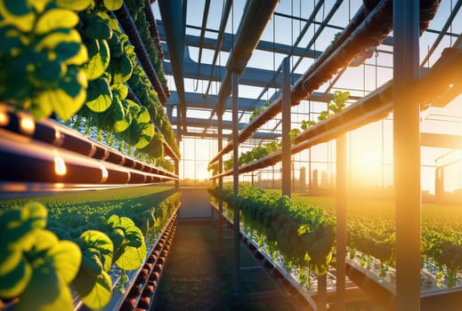 A building filled with a variety of terrestrial plants, with sunlight pouring in through glass windows. The interior is a symmetrical art piece of greenery