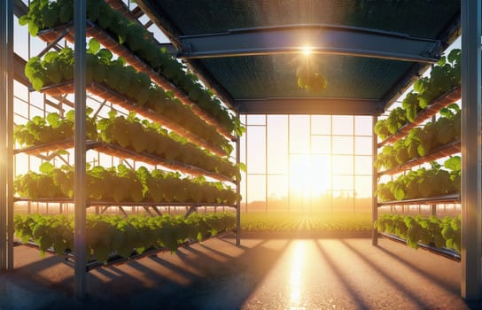 The sun shines through the windows of a plantfilled greenhouse, casting tints and shades on the wooden building. Symmetry is seen in the rows of plants under the ceiling
