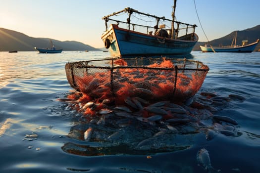 A caught fish in a red net lies in a fishing boat.