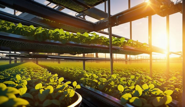 The sunlight is streaming through the windows of the greenhouse, illuminating the lush plants inside. The city landscape provides a backdrop for the flourishing agriculture within the building