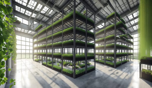 The building features a large warehouse facade with glass panels, filled with shelves of terrestrial plants in metal fixtures. The green grass provides a refreshing transparency to the space