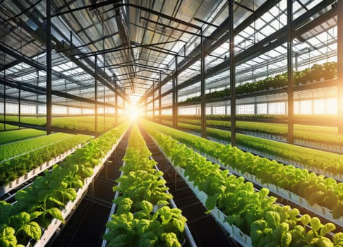 The sunlight is streaming through the greenhouse windows, illuminating the lush green plants inside. A symmetrical display of terrestrial plants creating an agricultural art piece