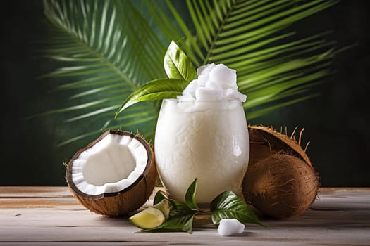 Healthy coconut smoothie in a glass on a wooden table with coconut halves nearby.