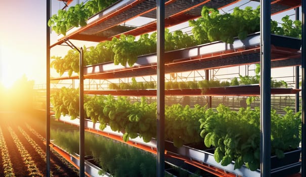 A building with shelves filled with various plants creating a lush indoor landscape. The plants are thriving in their greenhouse environment