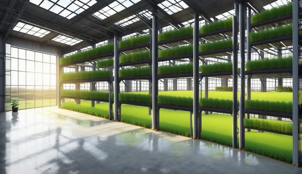 The building facade features a large room with green plants growing on the walls, creating a natural and serene atmosphere. The glass windows and wooden flooring complement the lush greenery