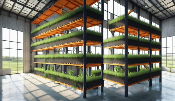 A building with shelves lined with green grass creates a unique facade. The wooden shelving adds a touch of nature to the room, resembling a retail shop or apartment setup