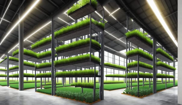 A commercial building in the city transformed into a lush warehouse filled with shelves of terrestrial plants, offering a unique urban design and facade