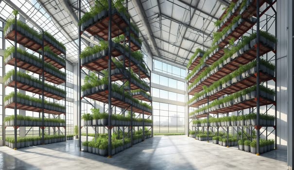 A building resembling a tower block houses a greenhouse with numerous shelves displaying an array of plants and fixtures