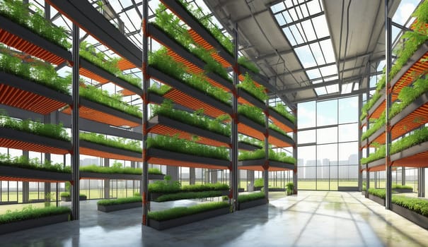 An artists interpretation of a glass greenhouse overflowing with a variety of plants, creating a beautiful urban design fixture with a facade of greenery