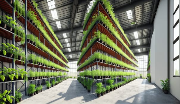 An urban design building facade with a symmetrical arrangement of terrestrial plants in glass shelves. The tints and shades create a vibrant rectangle and triangle pattern