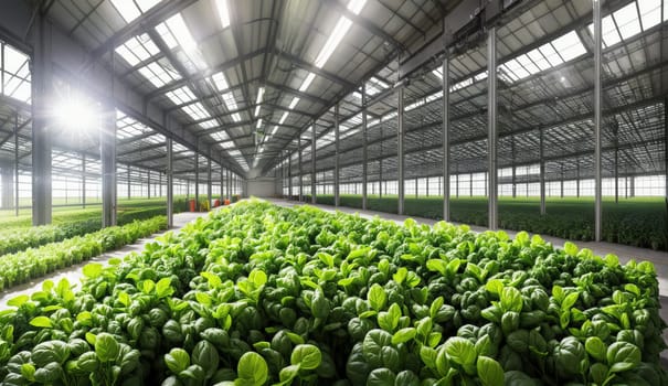 A greenhouse full of terrestrial plants is growing various leafy vegetables and grass for agricultural purposes. It is a natural foods haven under the glass roof