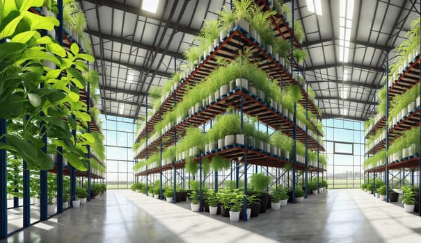 A building housing a large greenhouse with an array of potted terrestrial plants, creating a symmetrical and artistic urban design feature