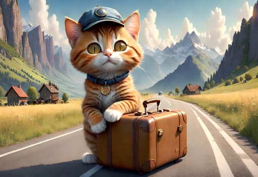 A beautiful young cat with suitcases stands on the road, the cat is a traveler. AI generated image.