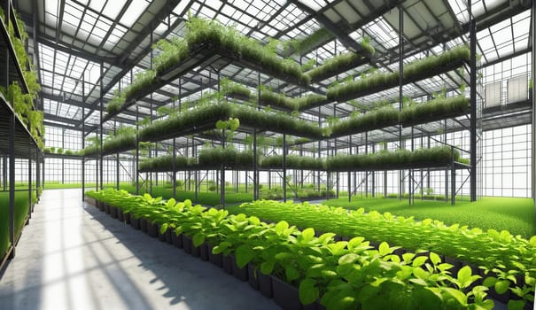 A greenhouse filled with a variety of terrestrial plants, including grasses growing on the ceiling. This unique urban design showcases sustainable agriculture and engineering innovation