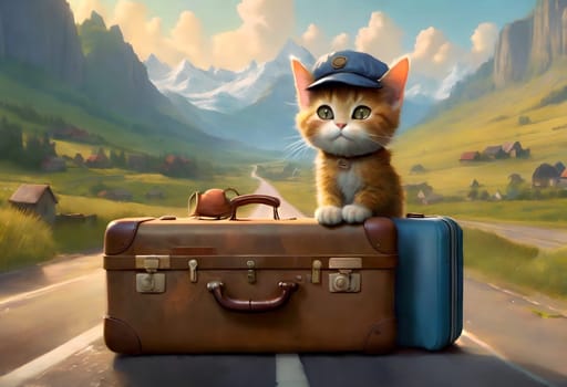 A beautiful young cat with suitcases stands on the road, the cat is a traveler. AI generated image.