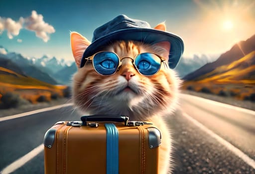 A beautiful young cat with suitcases stands on the road, the cat is a traveler. AI generated image.