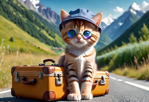 A beautiful young cat with suitcases stands on the road, the cat is a traveler. AI generated image.