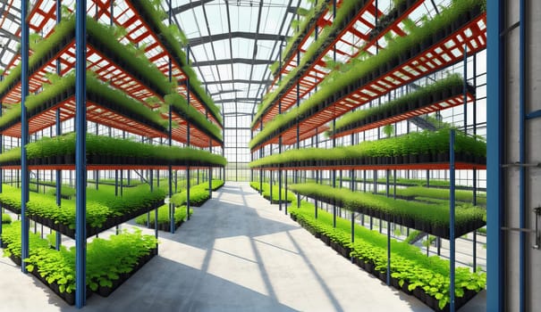 A beautiful urban design featuring a greenhouse filled with terrestrial plants growing on shelves, creating a symmetrical and artistic display of greenery