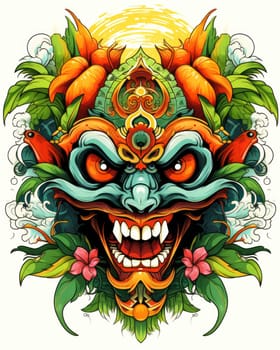 Ethnic mask of evil head. Decorative portrait of mystical demon in traditional ethnic oriental style