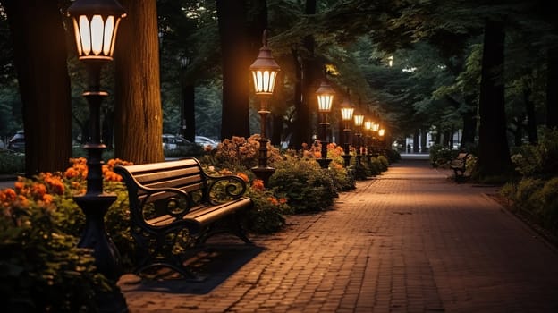 A beautiful alley with a bench in the park in the evening in the light of lanterns.