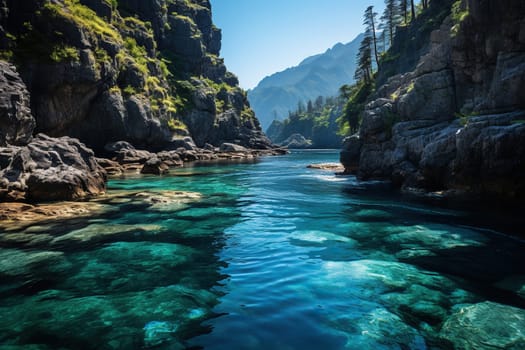 Beautiful landscape with rocks, river and forest.