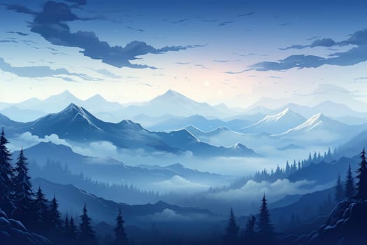 Beautiful illustration of a mountain landscape with a river at sunset or dawn.