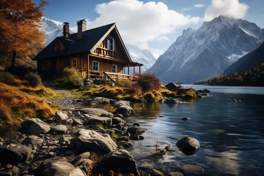 Vintage wooden house on a rocky seashore.