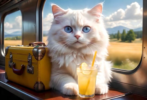 A beautiful Ragdoll cat travels with a suitcase on the train. AI generated image.