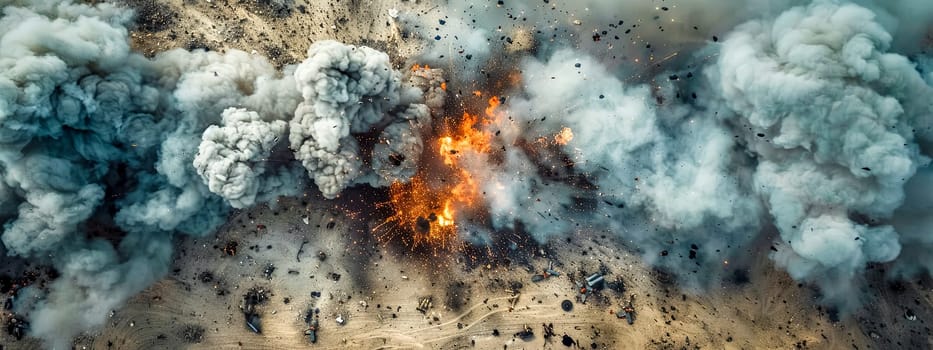 Drone shot capturing the intense moment of a controlled explosion in the desert