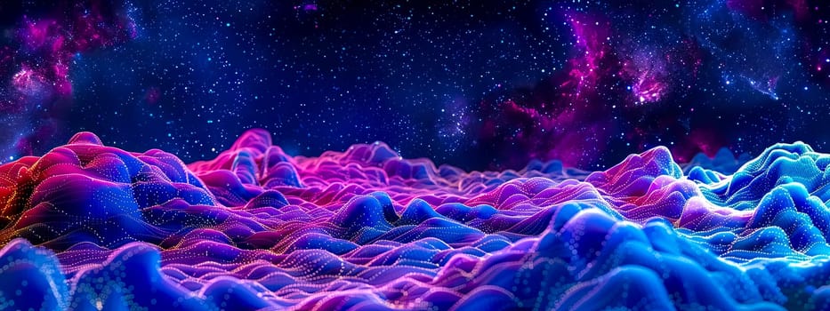 Mesmerizing 3d digital landscape under a cosmic sky filled with stars and colorful nebulae