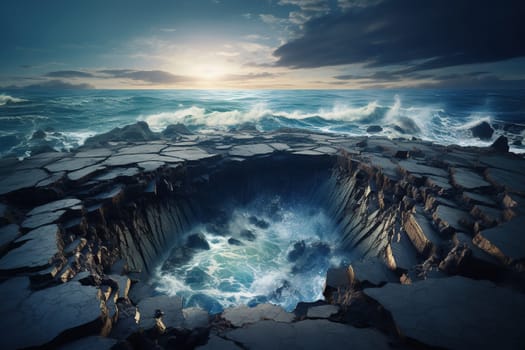 Rocks protrude from the water in the ocean at sunset, dawn.