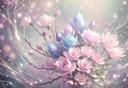 pink blooming magnolia flowers, abstract background. AI generated image.