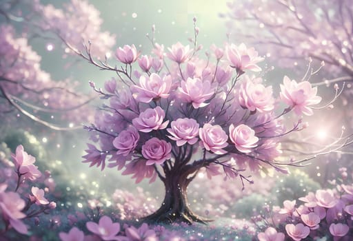 pink blooming magnolia flowers, abstract background. AI generated image.