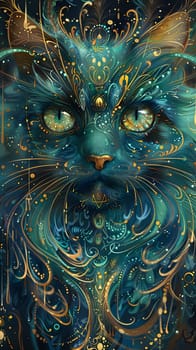 A closeup painting of a felidae with electric blue fur and gold accents. Its green eyes and whiskers are highlighted, capturing the beauty of small to mediumsized cats