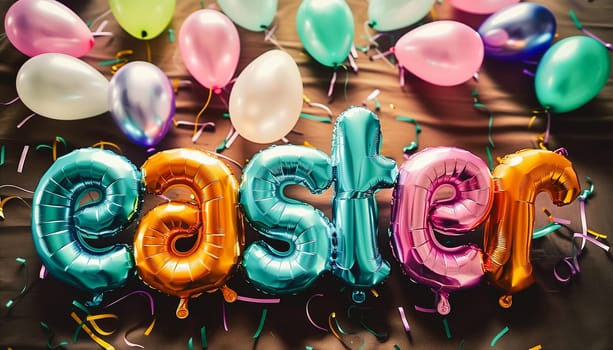 Word EASTER made of colorful inflatable balloons. Helium foil balloons forming word easter. Happy Easter concept, great Christian holiday, celebrating decoration.
