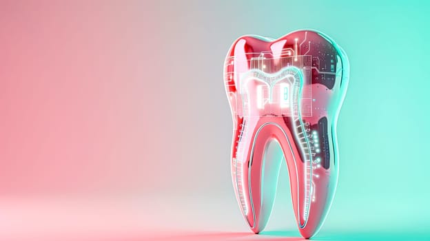 Abstract futuristic dental technology concept with 3d illustration of tooth anatomy, integrated circuits, and artificial intelligence in modern dentistry on pink and turquoise background