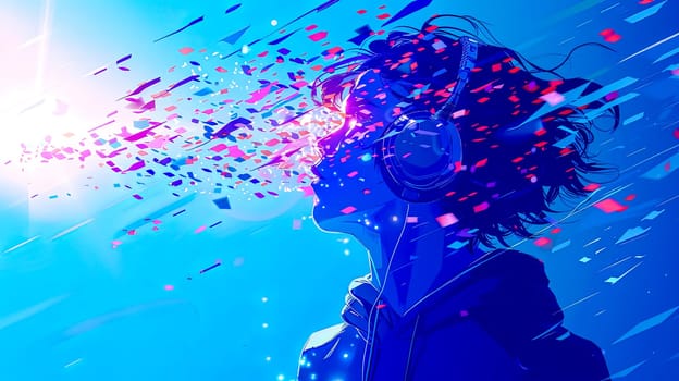 Vibrant illustration of a person with headphones experiencing a burst of colorful notes