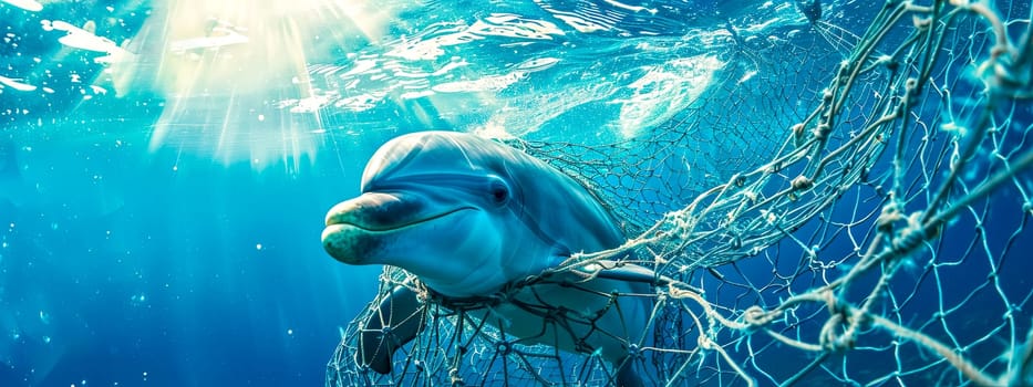 Underwater view of a dolphin caught in a discarded fishing net, highlighting marine life endangerment