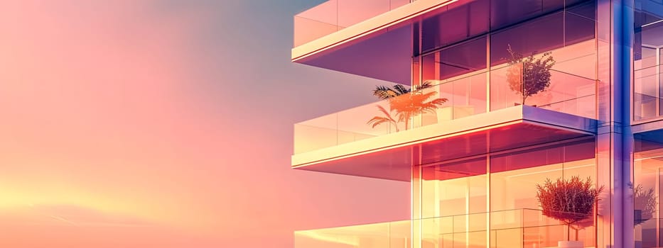 Sleek modern building exterior bathed in the warm hues of sunset