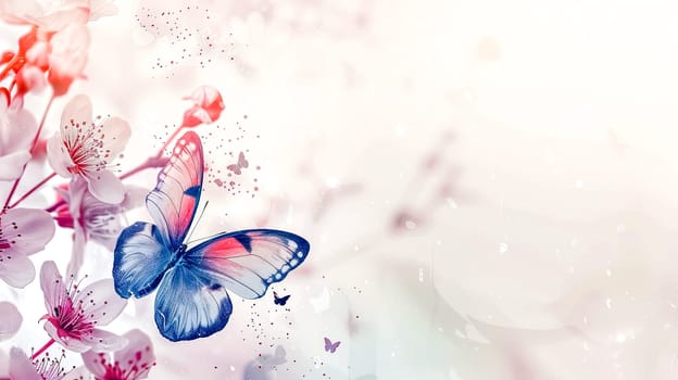 Ethereal scene with cherry blossoms and vibrant butterflies in flight