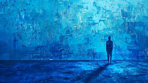 Silhouette of a person standing in a blue textured abstract environment