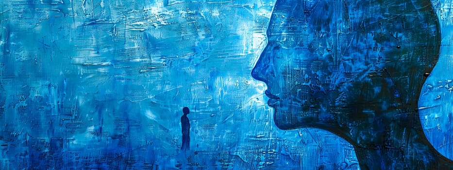 Silhouetted figure stands before expansive blue textured backdrop, evoking thought