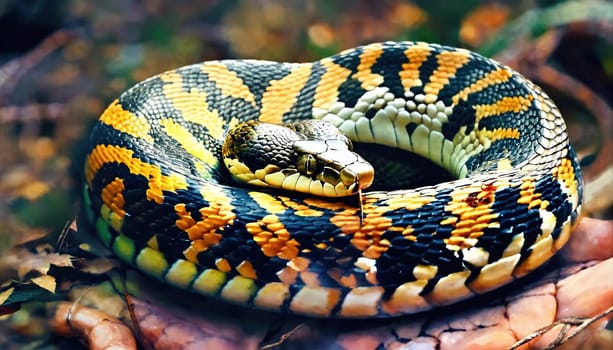 The snake curled up into a ball. Generative AI. High quality photo