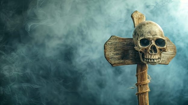 Skull on Wooden Cross with Misty Background, copy space