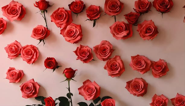 Wall of roses. Red flowers. Generative AI. High quality photo