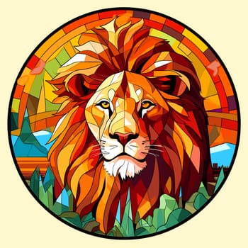 Abstract portrait of a proud and majestic lion in vector mosaic pop art style. Template for t-shirt print, poster, sticker, etc. Design element