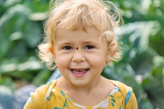 the child holds a ladybug in his hands. Selective focus. nature.