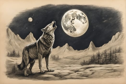 A remarkable drawing of a wolf looking up intently at a beautiful, bright full moon.